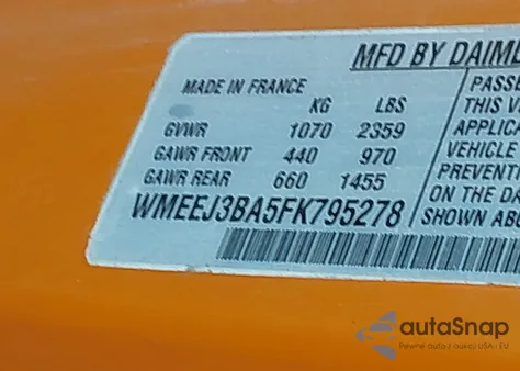 2015 Smart Fortwo Pure z USA, uszkodzony, nr VIN WMEEJ3BA5FK795278